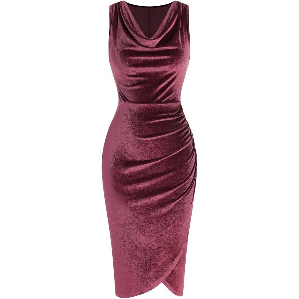 Women's Velvet Cocktail Dress Sleeveless Midi Ruched Slit Wedding Guest Dress